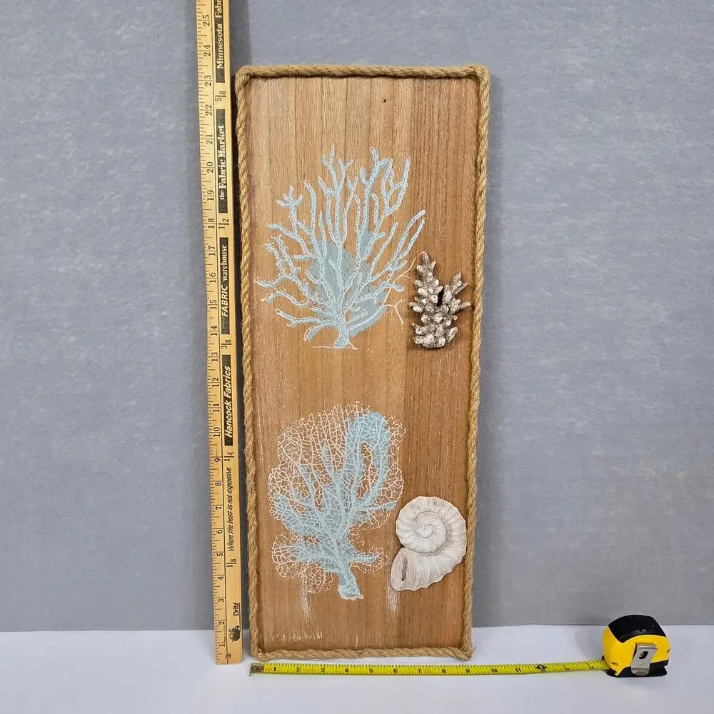 Wooden Coastal Wall Art Decor Rope Trim, Shells, Coral Prints 9.5